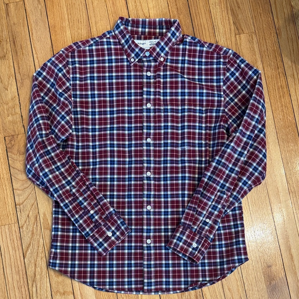 Old Navy Shirt Men's Burgundy Navy Plaid Button-Down Slim Fit Cotton Shirt L